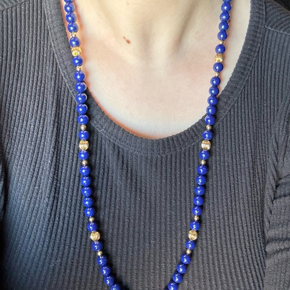 Vintage Mid Century Retro Long Lapis Blue and Gold Plastic Beaded Necklace 28.5”